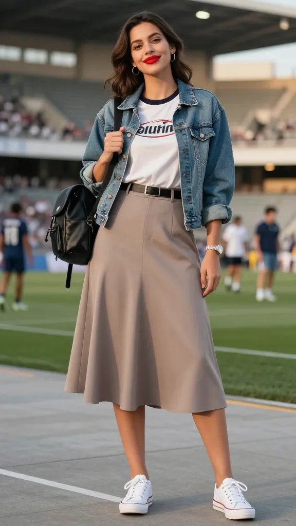 A stylish, full-body portrait of a confident female soccer fan in a sunlit stadium setting during golden hour. She stands at a slight three-quarter pose, facing the camera with a relaxed, playful smile. She wears an A-line midi skirt in a neutral taupe, paired with a graphic logo tee tucked into the skirt, and a slim black belt cinching the waist. On her feet are crisp white canvas sneakers with subtle stitching details. Over the tee, she wears a light-wash denim jacket draped loosely over her shoulders for edge and warmth. She carries a small faux-leather mini backpack in black, worn on one shoulder. Her makeup features a bold, vibrant lipstick to add a pop of color. Accessories are minimal: simple hoop earrings and a delicate wristwatch. The background shows blurred stadium seating and fans, with natural light highlighting the textures of the fabrics and the sheen of the sneakers. The overall mood is effortlessly cute and athletic, perfect for game day photography, with crisp colors, high detail, and a clean composition without any text on the image.