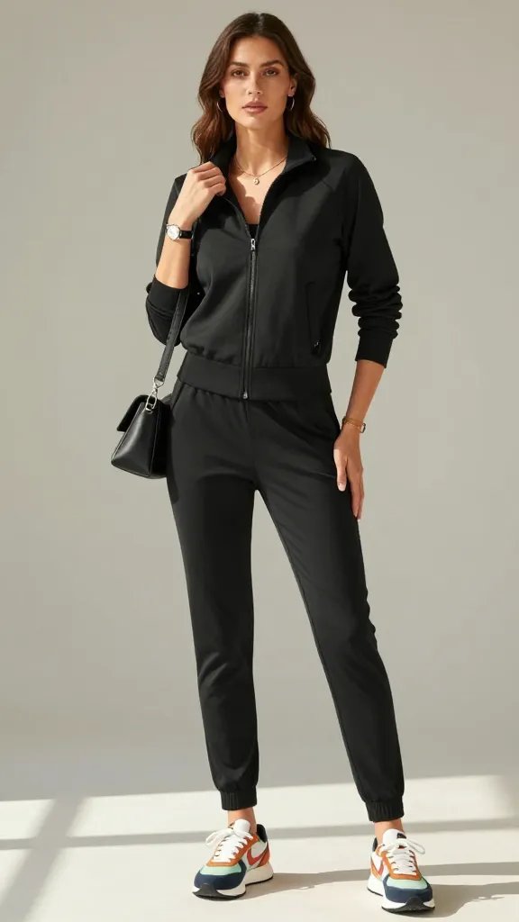 A high-resolution, studio-lit editorial-style photograph of a stylish athletic woman in a sporty-chic tracksuit remix. The look features a tailored monochrome track jacket with a structured silhouette and matching tapered track pants, finished with contrast color sneakers in a bright accent shade. Accessorize with a minimalist crossbody bag, a delicate necklace, and a sleek watch for polish. The subject stands in a clean, minimalist setting with natural daylight, one hand casually adjusting the jacket collar while the other rests at the hip, exuding effortless confidence. Subtle makeup with a fresh, natural glow and softly defined eyes, bare shoulders just peek from the jacket, and the background is neutral to keep the outfit as the focal point. The overall vibe is polished, travel-ready, and ready for a game-day yard-line viewing party. No text on the image.