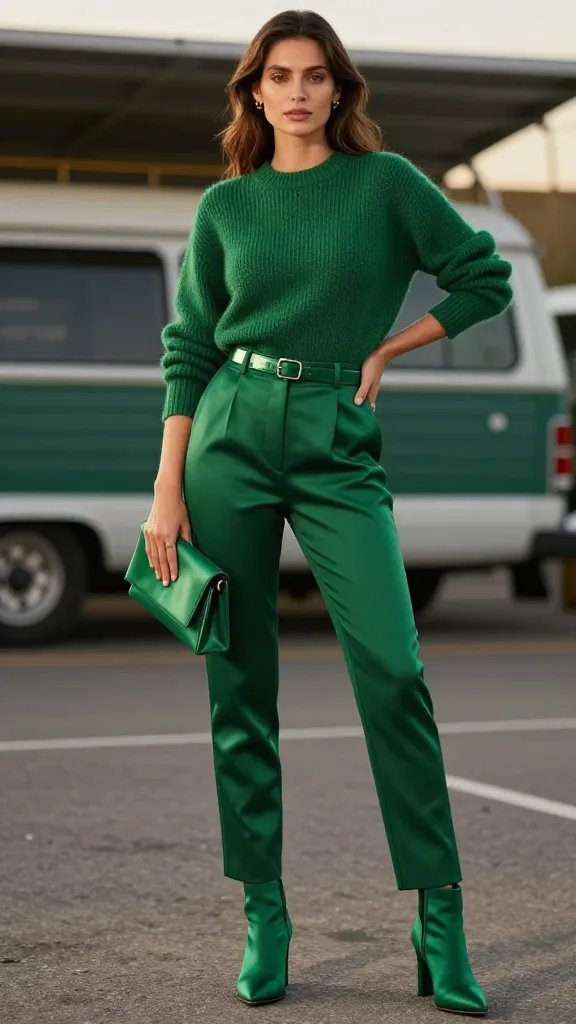 A high-fashion editorial portrait of a confident woman on a stadium tailgate set, styled in a bold monochrome ensemble. She wears a head-to-toe deep emerald monochrome knit sweater with matching tailored trousers, paired with satin-sheened emerald ankle boots and a slim metallic belt that adds subtle shine. The look employs rich textures—cozy knit top, luxe satin-like trouser finish, and a faux leather belt—to create depth within a single color story. The subject stands poised, one hand resting on her hip, the other lightly touching a small, structured emerald clutch that introduces a strategic color pop. The background features a softly blurred stadium seating scene with subtle golden-hour lighting, enhancing warm skin tones and the monochrome polish. Accessories are minimal to keep the focus on color unity: delicate earrings, no visible jewelry other than the belt buckle. The overall mood is bold, polished, and runway-ready, suitable for VIP seating, red-carpet moments, or a stylish tailgate. No text, pristine high-resolution photography, natural skin tones, shallow depth of field to emphasize the outfit details.