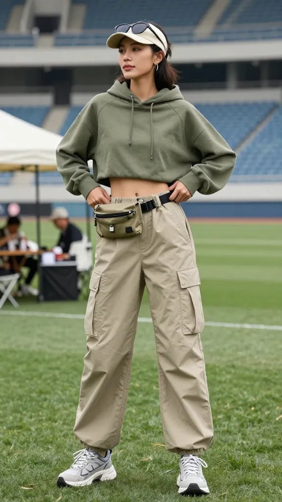 Create a high-definition, photorealistic image of a stylish woman on outdoor stadium grounds during a daytime game. She wears utility vibes: water-repellent cargo pants in a neutral olive or khaki, a cropped hoodie in her team color peeking out with a boxy silhouette from a slight front tuck, and chunky-soled sneakers. Accessorize with a belt bag worn at the hip, a sporty cap or headband, and sunglasses resting on her head or angled for sun. The look should convey readiness and playfulness for active days, with practical pockets and hands-free ease. Pose casually with one hand on the belt bag and the other adjusting the hoodie hem, standing near tailgate setup or stadium steps. Lighting should be natural daylight with soft shadows, capturing textures of water-repellent fabric, chunky sneakers, and the subtle shine of the belt bag hardware. No text or logos on the image.