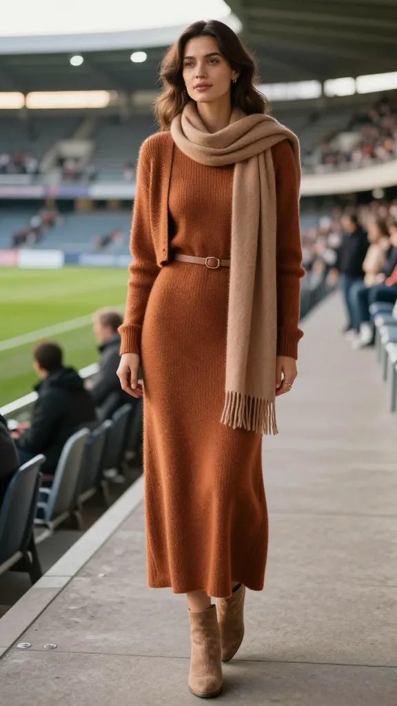 A realistic, high-quality photo of a stylish woman standing in a sunlit stadium concourse before a late-afternoon soccer match. She wears a knit maxi dress in a rich, warm tone that flatters her silhouette, cinched at the waist with a lightweight belt. Pair with felted wool ankle boots and a soft scarf in a complementary hue draped gracefully. Layer a cropped cardigan over the shoulders for a chic, effortless look. Keep jewelry minimal to let the dress shine. The scene conveys cozy sophistication and confident comfort, with stadium piping, soft bokeh of spectators in the background, and natural, flattering lighting highlighting the texture of the knit fabric. No text on image.