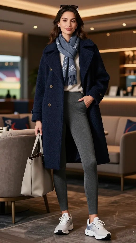 Create a high-resolution, realistic fashion editorial image featuring a stylish woman as the main subject, embodying the "Sporty Peacoat + Knit Leggings" look for a soccer game day vibe. The scene is set in a chic, stadium-adjacent VIP lounge with warm, ambient lighting during dusk. The subject stands confidently in the center, shoulders back, slight smile, gazing toward the camera as if posing for a feature shot. Outfit details: - Textured navy peacoat with a tailored silhouette, slightly flared hem, double-breasted with brass buttons, worn open to reveal layers beneath. - Thick-knit, charcoal gray leggings that look both cozy and athletic, fitting snugly to highlight a streamlined shape. - Light-colored top layered under the coat, neatly tucked in to create a clean, elongated line. - Lightweight scarf in a hue that echoes a shade found on the coat (e.g., muted blue or gray with subtle pattern) draped loosely around the neck or tucked into the coat for structure. - Supportive, sleek running shoes in a neutral tone (white or gray with minimal athletic detailing) to emphasize comfort and game-day practicality. - Structured tote bag in a coordinating neutral color placed near the chair or held by the subject to add a polished touch. - Optional accessories: a pair of modern sunglasses resting on the head or hanging from the coat’s lapel, minimal jewelry (stud earrings or a thin bracelet). Styling and composition: - The subject stands with one hand resting lightly on a structured tote, the other hand tucked into the coat pocket or gently adjusting the scarf. - The background features VIP lounge seating with plush, neutral-toned furniture, subtle team colors in the decor, and soft bokeh lights to convey a premium game-day atmosphere. - Lighting is soft yet directional to sculpt the coat’s texture, with gentle reflections on the running shoes and the tote to emphasize quality materials. - Color palette centers on navy, charcoal, and soft neutrals with a touch of complementary hues from the scarf, maintaining a cohesive, chic sporty vibe. - The shot should feel cinematic and editorial, suitable for a magazine spread, with no visible text or logos on the image.