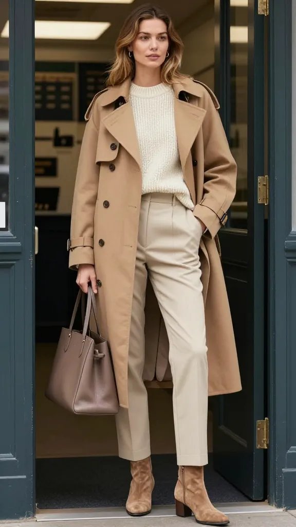 A high-resolution, editorial-style photograph of a stylish woman standing in a chic stadium press-area doorway with soft, natural light. She wears a cream knit sweater tucked into tailored beige trousers, layered under a camel trench coat left open to reveal textures. On her feet are tan suede ankle boots, and she carries a taupe leather tote. The look features mixed textures: a chunky knit, a smooth wool trench interior lining, and suede footwear, with subtle jewelry and minimal makeup for a fresh, calm color story. The overall palette is beige, tan, and cream, conveying neutral, timeless game-day style on a cooler day. The composition highlights depth and dimension through layered fabrics and a poised, confident pose, no text or branding visible.
