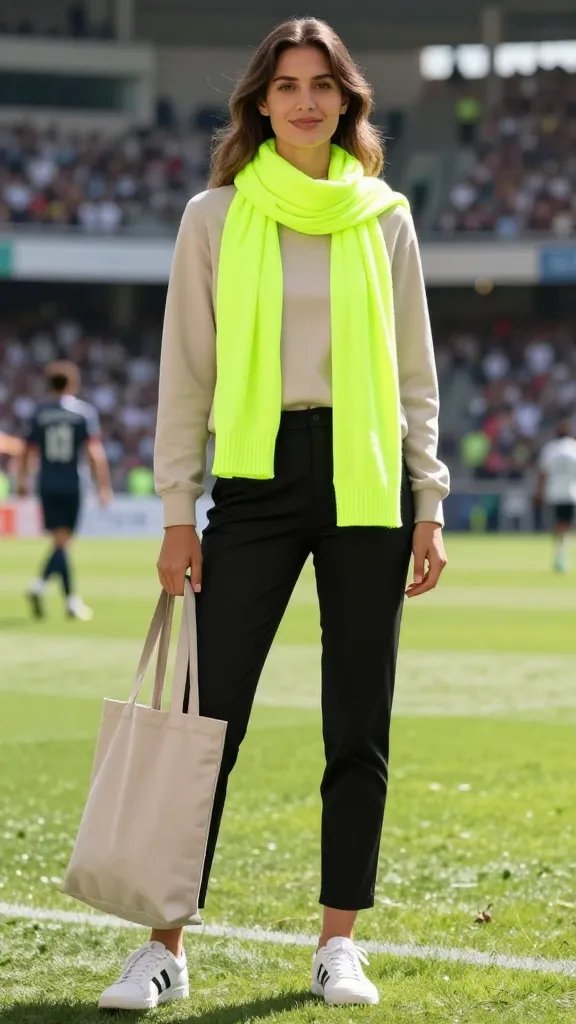 A high-resolution, well-lit fashion photography scene featuring a confident female soccer fan in a daylight stadium setting. The main subject stands center-frame, wearing a neutral-toned outfit with a single neon statement piece: a bright neon scarf draped loosely around the neck or a neon jacket worn over a sleek, neutral top and tailored bottoms in black or beige. The rest of the outfit remains subdued: simple white or black sneakers, a clean tote bag in a muted color, and minimal accessories. The background shows a blurred stadium crowd and green pitch, capturing movement and energy. The neon accents should pop vividly yet remain the only bold color, with the scarf or jacket creating a striking focal point. The lighting is natural with soft shadows, ensuring the neon color reads crystal-clear on camera. The subject’s pose is relaxed yet dynamic—one hand casually gripping the tote strap or adjusting the scarf, a subtle smile, and eyes directed toward the action on the field. No text overlays on the image.
