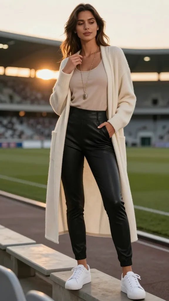 A realistic high-fashion still of a female soccer fan standing in a stadium at dusk, wearing a cream longline cardigan casually draped open over a simple beige tank, slim black leggings or dark faux-leather joggers, and white flatform sneakers. The cardigan flows softly with a relaxed, open silhouette, revealing a delicate, long pendant necklace that draws the eye downward. The setting sun casts a warm, golden glow across the stands, with soft bokeh lights in the background. The subject has a confident, relaxed pose—one hand in a pocket, the other lightly touching the necklace—and a subtle smile. The overall vibe is boho-meets-sporty chic: effortless, comfortable, and stylish for a dusk game. No text or logos in the frame.