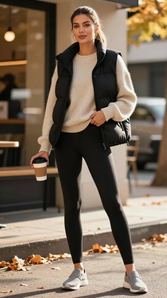 A high-quality, realistic photo of a stylish, athletic woman standing outdoors on a crisp fall morning near a coffee shop, warmly lit by soft, golden-hour sunlight. She is the main subject, wearing a cozy black thermal leggings paired with a chunky beige knit crewneck sweater, tucked slightly at the front into the leggings for a streamlined silhouette. She has a black puffer vest layered over the sweater, adding warmth without bulk, and grey slip-on sneakers. Her hair is styled in a sleek ponytail, with minimal hoop earrings visible. Accessories are minimal to keep the look effortless. The scene conveys casual post-match energy: perhaps a reusable coffee cup in one hand and a relaxed, confident pose that highlights comfort and sport-inspired chic. The background shows a softly blurred urban autumn setting with fallen leaves and a hint of a coffee shop storefront, colors warm and inviting, no text on the image.