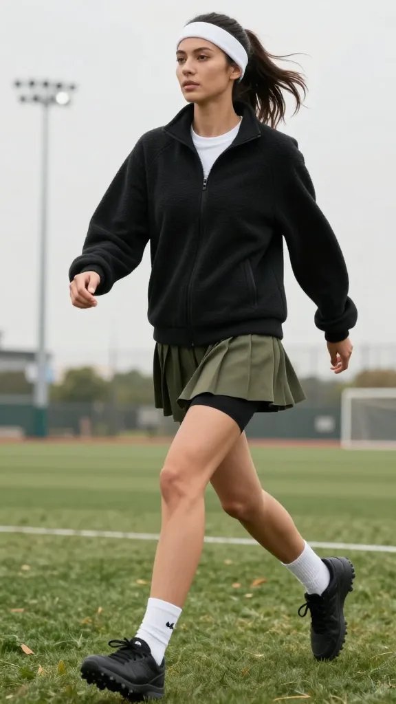 A high-resolution, candid-style photo of a female athlete on a windy fall soccer field, mid-action with a confident stride, wearing a weather-ready tracksuit look: a black zip-up fleece jacket layered over a tucked-in white tee, olive mini pleated skirt visible from beneath the jacket with black bike shorts peeking out, white ankle socks, and black chunky sneakers. The skirt slightly peeks from the jacket for a sporty-yet-feminine vibe. Hair controlled with a simple white tennis headband, strands softly wind-blown to convey movement. The setting is a grassy field with a cool-hued, slightly overcast sky; subtle stadium lights glow in the distance. The subject exudes athletic poise and readiness, with a shallow depth of field that keeps her sharply in focus while softly blurring the background, capturing texture in the fleece, pleats, and sneakers. No text on image.