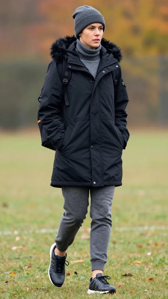 A high-resolution, street-style sports portrait of a female football player on a fall-day field, wearing a black windbreaker trimmed with luxe faux fur at the hood and cuffs, layered over a charcoal turtleneck. Pair with charcoal crackled leather sneakers, gray joggers with a relaxed fit, and a sporty beanie in dark heather gray. The jacket is zipped up fully in a brisk breeze, with a few top buttons left undone for a relaxed vibe. The look is completed with a small, compact backpack slung over one shoulder, essential game-day items peeking from the pockets. The subject stands mid-stride on a slightly damp grass field, natural diffused autumn light, soft shadows, confident and ready to play, camera angle at eye level, shallow depth of field to blur the background while keeping the outfit crisp and detailed. No text on image.
