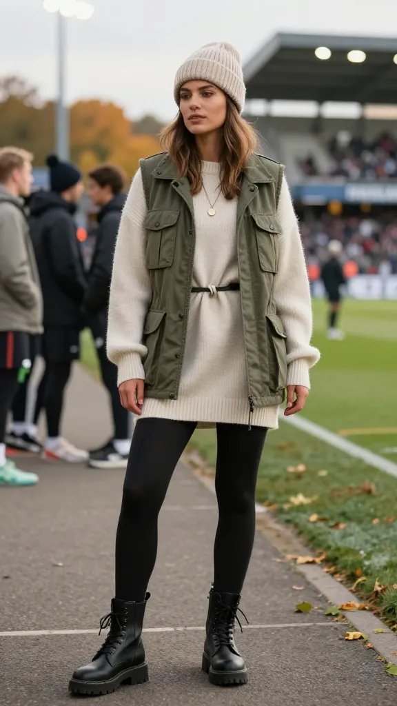 Create a high-quality, realistic photo of a female athlete on a fall soccer sideline, styled in a chic, utilitarian-meets-cozy ensemble: an olive utility vest layered over a cream knit sweater dress, paired with black opaque tights and chunky combat boots. Accessorize with a minimalist pendant necklace and a slouchy knit beanie in a complementary neutral tone. Cinch the sweater dress at the waist with a slim belt to define shape under the vest. Have the subject stand with a relaxed, confident pose on a windy stadium sideline, stadium lights in the background, soft fall sunlight, slight stadium crowd blur, and a casual team gathering vibe after a game. The overall mood should be warm, polished, and sporty, with textures emphasized—knit, wool, leather, and sturdy fabric—capturing a fashionable yet athletic look suitable for cool weather. No text in the image.