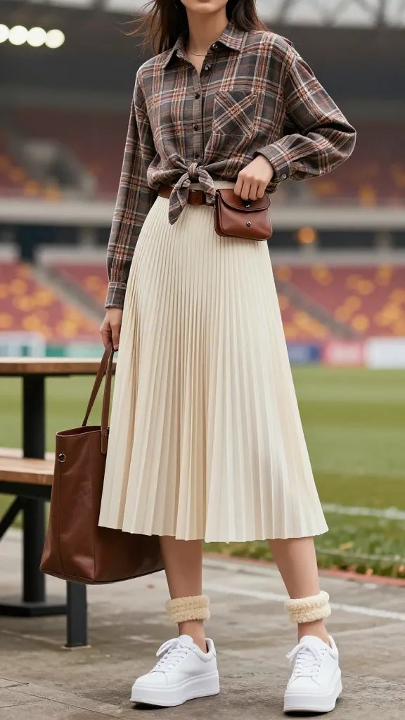 A high-quality, cinematic-style photo of a female soccer player in a stadium stands mood, wearing a plaid tie-front shirt knotted at the waist over a creme pleated midi skirt, with fleece-lined leggings and white platform sneakers. A chunky leather belt bag sits at her hip, adding a polished edge. The shirt is tied at the waist to accentuate a flattering silhouette, with the belt cinching the look. The ensemble should appear cozy yet preppy, suitable for a game-day photo and a casual post-game cafe meet-up. The setting features fall-toned lighting, soft bokeh in the background from stadium lights, and a subtle breeze to lift the plaid shirt slightly. The subject should convey confident, sporty chic with a relaxed pose—perhaps one hand adjusting the belt and the other resting on a tote or the bench—while maintaining ensuring modest skirt length and comfortable movement. Realistic textures: plaid pattern, knit thermal shirt, glossy leather belt bag, crepe-like pleated skirt, plush fleece-lined leggings, and matte white platform sneakers. No text on the image.