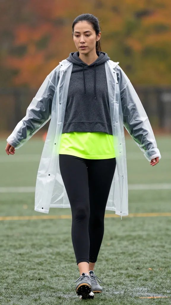 A realistic high-quality photo of a female athlete on a drizzly fall soccer field, mid-action or preparing to kick, wearing a charcoal fleece hoodie over a neon lime cropped tee that peeks out at the hem and neckline. She pairs it with black leggings and grey rain-ready sneakers, with a transparent rain shell layered loosely over the hoodie for a functional, sporty silhouette. The look should read as bright yet cohesive: neon lime stands out against the dark base, naturally catching the eye without shouting. The sleeves of the hoodie are rolled to emphasize a casual, ready-for-action vibe, and the makeup is natural to keep the face fresh after a muddy game. The setting captures soft overcast lighting with subtle reflections on wet turf and a hint of spray from light drizzle, ensuring the neon color pops on cam while the overall mood remains athletic, campus-ready, and energetic. No text on the image.