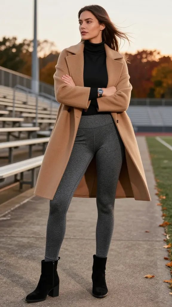A full-body, high-resolution fashion photograph of a confident female athlete on a chilly autumn stadium sideline during a sunset tailgate. She wears a camel knee-length coat over a black mock-neck top, paired with grey tech-warmth leggings and black suede ankle boots. Layered underneath the mock-neck top is a thin turtleneck peeking at the neckline for warmth without bulk. The look is polished and modern, with minimal accessories save for a sleek, statement watch on her wrist. The wind adds motion to the coat as she crosses her arms slightly, torso angled for a flattering silhouette. The scene captures a cozy, grown-up vibe with a wind-swept stadium bleachers and subtle fall colors in the background, ensuring the subject remains the focal point. Natural lighting with soft shadows enhances textures: plush camel wool, smooth black suede, and the matte finish of the grey tech-warmth fabric. No text on image.