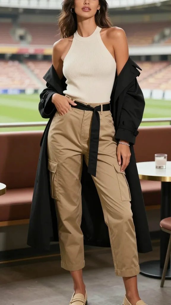 Create a high-resolution, editorial-fashion photograph of a stylish female soccer fan posing in a chic stadium lounge. The main subject, a tall, confident individual, wears a cream halter-neck knit top tucked neatly into a loose, black sport-trench coat with its belt worn loosely for drama. Pair with khaki utility pants cropped at the ankle to reveal a subtle hint of skin and beige loafers. Accessorize with a delicate bracelet stack for understated sparkle. The scene features a soft, natural lighting setup with stadium seating and warm tones in the background, ensuring the halter-neck knit remains the focal point. Pose with one hand gently resting on the trench belt and the other at her side, head slightly tilted, exuding bold yet refined sport-luxe energy. No text on image.