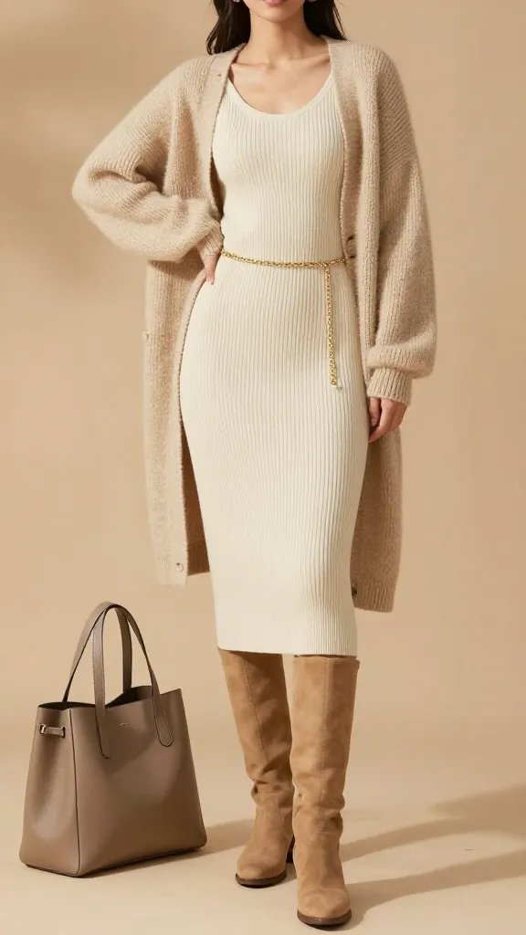 A warm, sunlit fashion photograph of a female athlete posing after a soccer game, styled in an all-beige, cozy uniform. The main subject stands in a softly lit, neutral-toned setting that resembles a chic cafe backdrop or a photo studio with a warm beige backdrop. She wears a cream ribbed midi dress layered under a relaxed beige knit cardigan, cinched at the waist with a slim gold chain belt. Natural-toned tights and camel knee-high boots complete the look, with a taupe structured tote placed slightly to the side for contrast. The overall palette is sand and taupe hues, emphasizing texture and subtle shine from the belt and boots. The composition should emphasize the waist definition and soft silhouettes, with the subject exuding casual elegance and post-game ease. Lighting is soft, flattering, and slightly directional to create gentle shadows that enhance the coziness of the beige theme. The image should be high-resolution, realistic, and free of any text overlays.