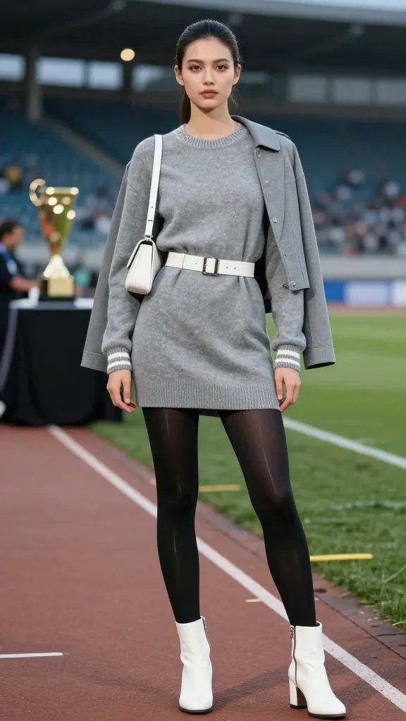 A high-resolution, fashion-forward editorial shot of a female athlete-model standing confidently on a stadium sideline at dusk, wearing a grey varsity-style sweater dress that hits just above the knee, paired with black opaque tights, white ankle boots, and a slim silhouette-enhancing belt at the waist. She carries a small white mini crossbody bag slung over one shoulder, and a tailored slim jacket draped over her shoulders for a polished, sporty-chic vibe. The look is completed with a poised posture, subtle makeup, and natural hair pulled back, capturing a crisp, cinematic lighting that highlights the texture of the knit, the shine of the tights, and the clean lines of the belt and jacket. The background should hint at a trophy ceremony or post-match fan zone with soft bokeh lights and stadium seating, ensuring the main subject remains the focal point. No text on the image.