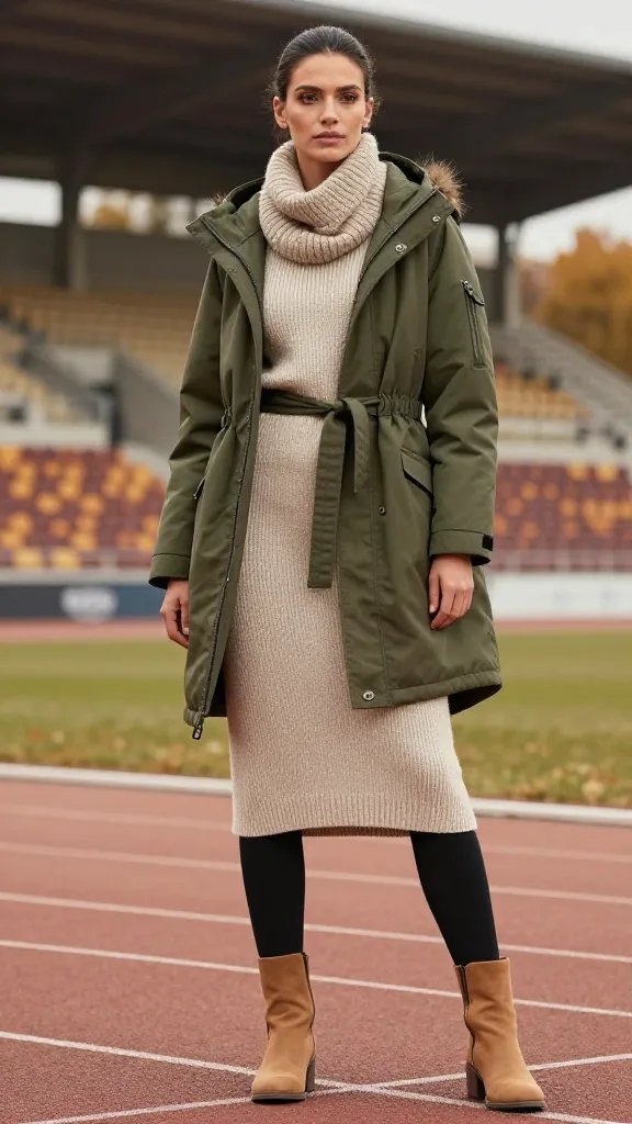 A realistic, high-quality fashion editorial shot of a female athlete on a fall stadium backdrop, styled in a military green parka layered over a neutral knit midi dress, belted at the waist to create a defined silhouette. The parka sits slightly open to reveal the knit dress, with tan knee-high boots and black tights anchoring the look. A chunky scarf adds texture at the neck, while the parka belt cinches the waist to maintain shape. The setting is a softly blurred grandstand with autumn light; the subject exudes practical elegance and confident, grounded energy suitable for early-season matches or press events. The color palette centers on olive/army green, warm beige, black, and tan, with natural makeup and a neat, sporty hairstyle. No text on the image.