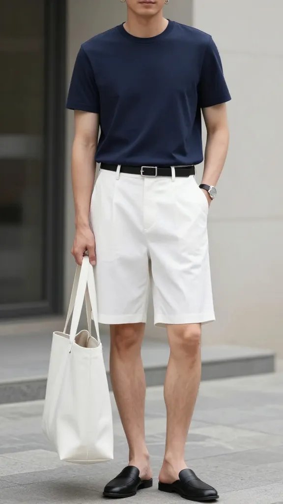 A realistic, high-quality fashion editorial portrait of a stylish individual modeling the &ldquo;Effortless Monochrome Magic&rdquo; look: a fitted navy tee tucked into crisp white tailored shorts with a clean hem, captured in a sunlit urban setting that conveys a seamless day-to-night transition. The subject stands with a relaxed yet poised posture, one hand lightly resting on a structured white tote, the other at their side. Texture contrast is key: the matte navy tee paired with the smooth, pristine white shorts. Accessorize with a slim black belt to add structure, a minimalist bold watch on one wrist, and subtle sculptural earrings to avoid flatness. Footwear options shown are black leather slides or loafers, with clean lines and a sleek silhouette. Lighting is soft and natural, emphasizing the crisp color contrast and the luxe simplicity of the monochrome palette. The overall vibe is minimalist chic, effortless and versatile, suitable for both daytime strolls and evening transitions. No text or branding visible in the background.