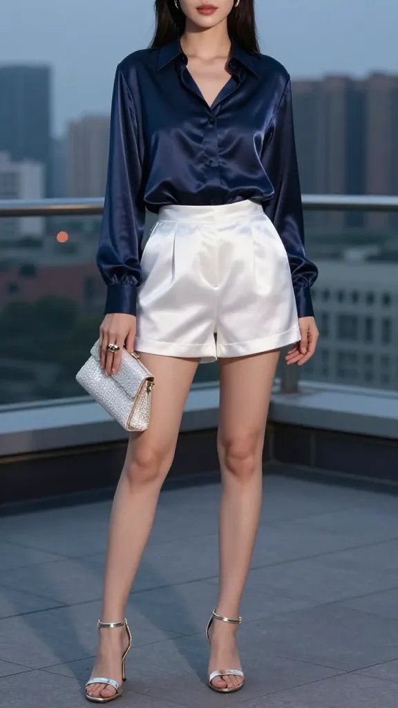 A high-definition, fashion-forward photograph of a confident woman modeling a chic evening look: a silky navy blouse tucked gently at the side, paired with white satin-tinged shorts that catch soft rooftop lighting. She stands on a stylish city rooftop at dusk, with a subtle disco glow reflected off metallic silver or champagne sandals and a gunmetal or pearlized clutch resting at her side. The lighting is warm yet cool, highlighting the shimmering textures of the blouse and the satin sheen of the shorts, while a sleek side-part and a gentle tuck add polish. Accessories are minimal yet refined&mdash;a single bold ring as the focal jewelry. The background features a blurred skyline and rooftop ambiance, giving a luxe, evening-out vibe without crowding the frame. No text on the image. The subject is center-framed with natural, confident posture, ensuring the outfit and metallic accents are the focal points.
