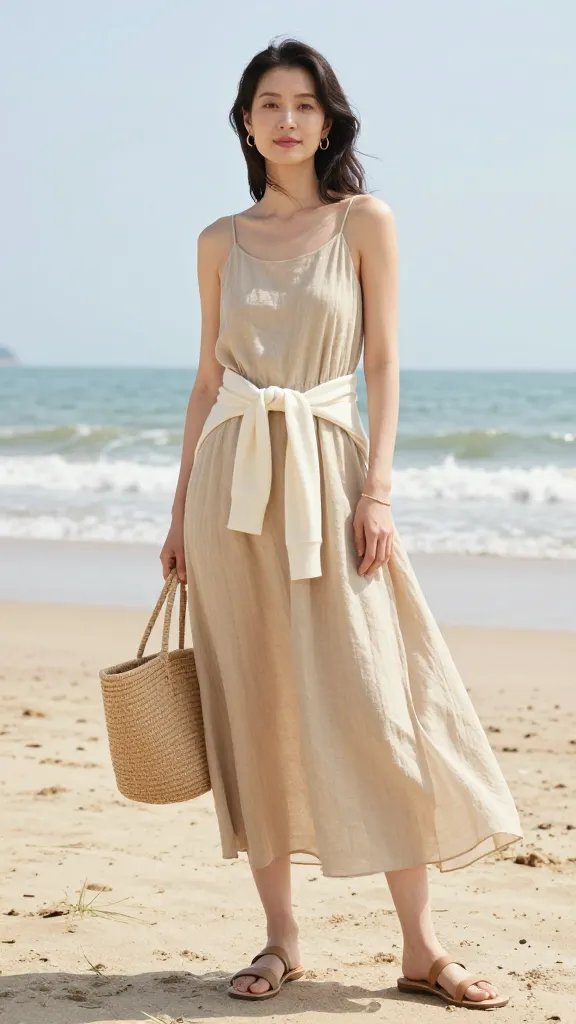 A sunlit coastal setting with warm, soft tones. Center a real-life model wearing a beige linen maxi dress with adjustable straps, flowing naturally as if caught by a gentle sea breeze. She holds a natural straw tote at her side and wears minimalist leather slide sandals with subtle gold hoop earrings. A delicate bracelet subtly glints on her wrist. If the breeze lifts the hem slightly, it reveals the dress&rsquo;s airy movement. Tie a lightweight cream cardigan at the waist to add structure, ensuring the outfit remains polished and effortless. The background features a serene beach scene&mdash;sand, gentle waves, and a clear, bright sky&mdash;with natural, earthy colors that harmonize with the linen and straw accessories. The overall mood is relaxed, vacation-ready, and chic, with soft shadows and radiant, natural lighting. No text on the image. The subject is the focal point, exuding coastal grandmother elegance.