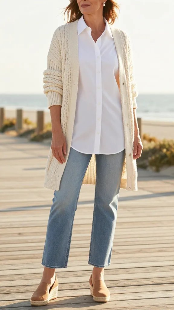 A high-resolution editorial-style image of a stylish woman posing outdoors on a sunlit coastal boardwalk at golden hour. She wears a crisp white button-down midi shirt tucked at the front, a cream cable-knit cardigan left casually open, and light-wash straight-leg jeans with the hems visible to elongate the legs. She completes the look with tan espadrille wedges and pearl stud earrings. The sleeves of the cardigan are rolled to the forearm, conveying a relaxed, lived-in vibe, while the shirt hem remains visible to emphasize leg length. The scene captures soft, natural textures and gentle coastal lighting, with a subtle breeze catching the cardigan and hair for movement. The overall mood is refined yet approachable&mdash;the quintessential coastal grandmother aesthetic&mdash;in a realistic, fashion-forward portrait without any text on the image. The main subject should be centered with a shallow depth of field to softly blur the background, highlighting the outfit details and the serene seaside atmosphere.