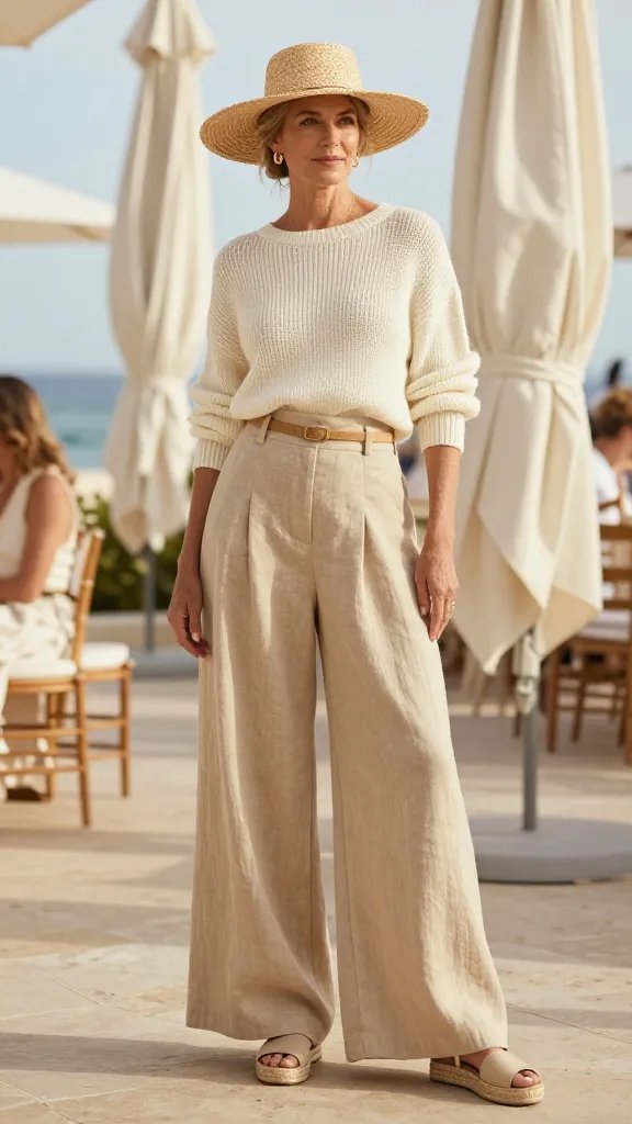A sunlit seaside garden party scene featuring a stylish woman standing confidently in the center, embodying a coastal grandmother aesthetic. She wears beige wide-leg linen trousers that drape gracefully to just above her ankles, paired with a cream cropped knit sweater tucked at the high-rise waistband to define her waist. The outfit is complemented by neutral espadrille sandals and a straw hat resting at a slight tilt on her head. Accessories are minimal: delicate gold hoop earrings and a thin, natural-toned belt. The background showcases a soft, breezy coastal vibe with light, airy fabrics, a pale blue sky, and sea hints in the distance. Natural, warm lighting with gentle shadows emphasizes the texture of the linen and knit. The overall mood is effortless chic, relaxed yet polished, suitable for a garden party or boating club gathering. No text, high-resolution, photorealistic lifestyle photography.