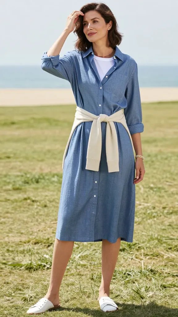 A sunlit coastal park scene with a single stylish woman as the main subject, dressed in a chambray shirt dress worn open at the top over a white cotton tee with a peek-a-boo neckline. Cinch the dress at the waist with a beige belt to create shape, and pair with white sneakers or leather slides. Add a light cardigan tied casually at the waist for cooler vibes. Accessorize with a simple rope bracelet. The look is polished yet laid-back, exuding coastal grandmother chic. The setting features soft, natural lighting, a grassy park with a hint of sea breeze in the background, and the subject posing in a relaxed, candid stance&mdash;one hand resting at the belt, the other brushing hair away, a subtle smile, and eyes looking slightly off-camera. High-resolution, fashion editorial style, no text on image.
