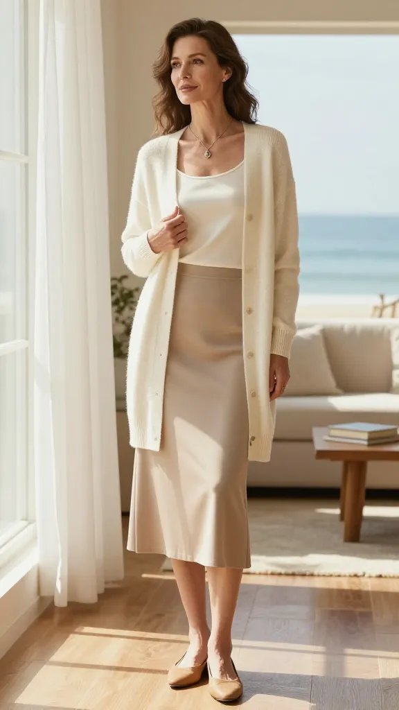 A chic coastal grandmother-inspired photoshoot of a single female model in a sunlit, softly lit seaside interior. She stands near a large window with sheer white curtains, natural light streaming onto polished wooden floors. She wears a cream cashmere cardigan draped open over shoulders, a cream cashmere camisole tucked neatly into a beige midi skirt, and tan flats. A delicate pendant necklace rests at her collarbone. The cardigan is styled to remain open and the camisole tucked, creating a slender silhouette. Pose: one hand lightly holding the cardigan edge at the chest, the other resting at her side, shoulders relaxed, a serene, confident expression. Styling: minimal makeup, natural waves, subtle coastal-beachy vibe, a light, airy color palette of creams, beiges, and soft taupes. Background elements: a coastal library or refined lounge setting with a small wooden coffee table, a hardcover book, and a hint of sea breeze through the window. No text, no clutter, high-resolution, editorial-quality portrait with shallow depth of field to softly blur the background while keeping the subject crisp.