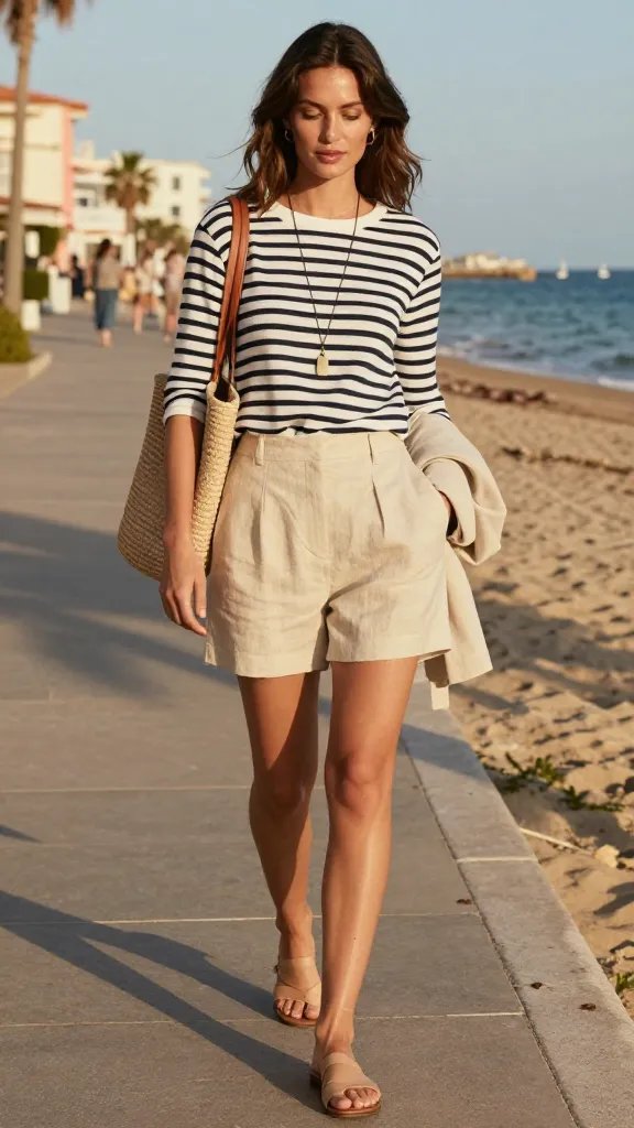 A high-resolution, sun-drenched editorial-style image of a stylish woman standing along a sunlit boardwalk near the ocean, embodying a Classic Breton Top With Linen Shorts look. The main subject wears a black-and-white striped Breton top tucked at the front to create shape, paired with beige linen shorts and nude flat sandals. She carries a woven tote over one shoulder and wears a long minimalist pendant necklace that draws the eye downward. A light, neutral blazer is casually draped over one arm or worn loosely over her shoulders for a polished touch. The scene captures a casual lunch setting by the seaside, with soft golden hour light, gentle sea breeze, and palm shadows. The subject has relaxed, confident posture, natural makeup with a dewy finish, and hair styled in loose beachy waves. The background features a boardwalk, pastel coastal buildings, and a calm sea with a few distant sailboats, avoiding any visible text or branding in the frame.