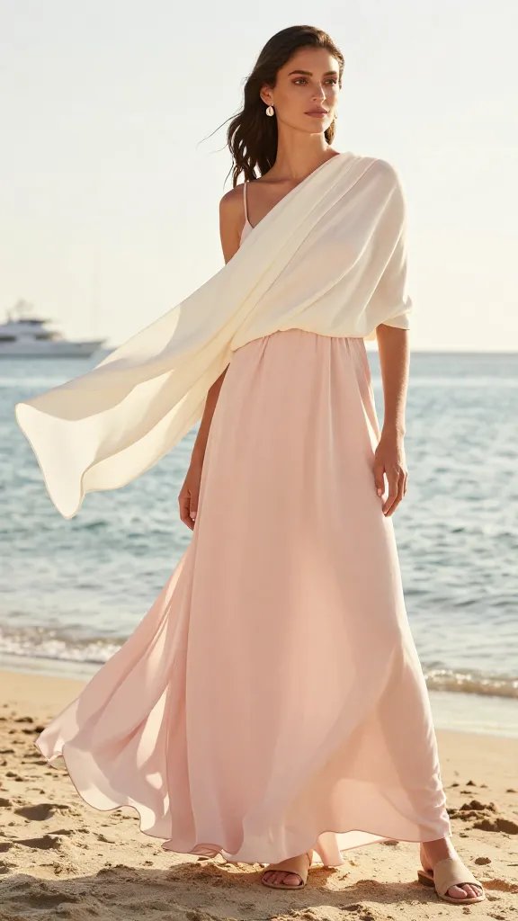 A sun-soaked coastal scene featuring a female model in a soft-blush chiffon maxi dress, gracefully wrapped with a lightweight cream wrap draped over one shoulder, billowing slightly in a coastal breeze. The dress flows to the sand with a gentle train, and she wears beige suede sandals and delicate shell stud earrings. The setting is a serene beach front with subtle golden hour lighting, a calm sea in the background, and hints of a yacht silhouette in the distance. The model stands with a poised, goddess-like pose, the wrap fluttering softly to create movement and drama. The overall palette is soft blush and cream, with minimal jewelry to keep the color as the focal point. No text on image.