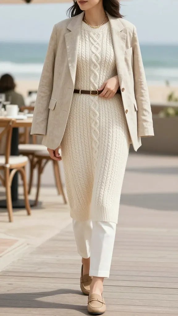 Create a high-resolution fashion photograph of a stylish woman modeling a coastal grandmother-inspired outfit titled "Cozy Cable-Knit Midi With Tailored Linen Jacket." The scene is bright and airy, set outdoors near a seaside brunch or gallery day with soft natural light and gentle ocean breeze. The main subject wears a cream cable-knit midi dress or sweater-dress layered with a light sand linen blazer, left open to emphasize a relaxed yet polished silhouette. Pair with white tapered pants beneath the midi knit, and tan loafers that read effortlessly chic. Accessorize with a delicate gold chain necklace and a slim belt to add subtle structure if desired. The look should convey &ldquo;I&rsquo;m put-together without trying&rdquo; energy, balancing a slightly oversized knit with tailored lines. Pose the subject standing or strolling along a boardwalk or cafe terrace, one hand lightly adjusting the blazer or belt, the other resting naturally by the side. Ensure proportions are balanced: slim pants and a slightly oversized knit with the blazer open, so the outfit reads as effortless coastal elegance. The background should be softly blurred to emphasize the subject, with warm, neutral tones and hints of sea blue in the distance. No text on the image.