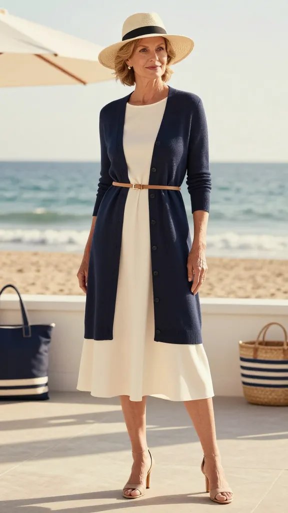 A high-resolution, cinematic fashion photograph of a stylish coastal grandmother-inspired look featuring a model on a sunlit seaside terrace. The outfit showcases a navy knit cardigan layered over a cream midi dress, with the dress peeking out from underneath for a clean, effortless silhouette. The look is completed with nude heeled sandals, a cream straw hat, and a slim belt cinching the waist to define shape. The scene includes soft ocean in the background, pale sand, and subtle nautical accents like a navy tote or seagrass basket in the periphery. The lighting is golden hour, casting warm, flattering tones with gentle shadows. The model stands relaxed yet poised, hands at the sides or lightly touching the belt, exuding graceful confidence suitable for a seaside wedding guest, christening, or upscale brunch. No text or logos in the frame.