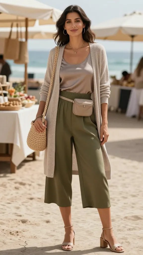 A sunlit coastal market scene with a graceful woman modeling a colorblocked twin-set: a light taupe cardigan teamed with a matching taupe tank, paired with olive culottes that flow softly to mid-calf. She wears neutral block-heeled sandals and carries a natural raffia crossbody bag, with a small neutral belt bag tucked at the waist for hands-free ease. The color palette stays within calm neutrals, with the cardigan and tank in taupe and the culottes in olive green for a cohesive, grown-up vibe. Accessories are kept in the same family of neutrals to avoid clashing. The setting is a casual weekend market near the coast, with soft, warm daylight, sea-blue accents in distant decor, and a light breeze rustling the raffia bag straps. The subject exudes relaxed confidence, lightly smiling, as she casually holds a tote or small basket, ready for a lunch with friends. The image is high-resolution, realistic, and fashion-forward, capturing texture details: the knit of the cardigan, the smooth satin-like finish of the tank, the drape of the culottes, the woven fibers of the raffia bag, and the subtle shine of the sandals. No text on the image.