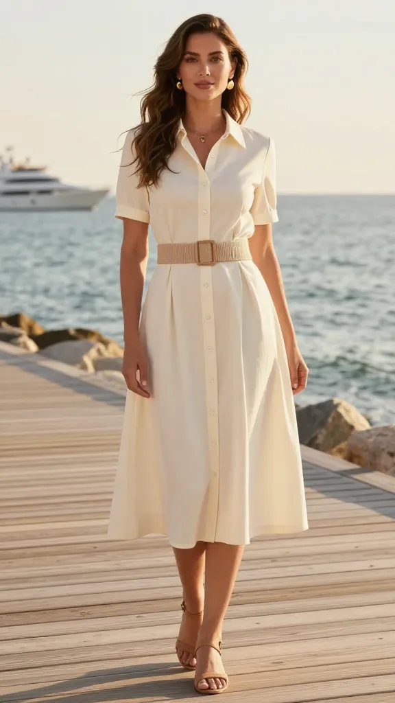 A sunlit coastal scene on a boardwalk at golden hour, featuring a chic woman modeling a cream button-front midi dress with a beige knit belt cinching at the waist for a defined silhouette. She stands confidently, one hand resting lightly on her hip, the other brushing the belt, with a subtle, elegant pendant necklace peeking above the dress neckline. Tan sandals complete the look, and gold drop earrings catch the warm light. The dress falls to mid-calf, and the belt creates a flattering hourglass shape. The backdrop includes soft sea spray, light-wood boardwalk planks, and distant yachts or cruise ship silhouettes, with a serene, sophisticated vibe suitable for a boardwalk dinner or seaside baby shower. The overall mood is effortless, chic, and polished, with natural makeup, loose waves, and a relaxed, confident posture. No text on the image.