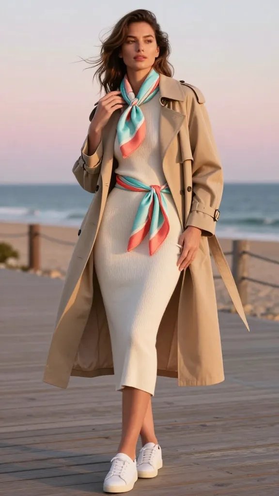 A high-resolution, coastal-luxe fashion photograph of a young woman standing on a sunlit seaside boardwalk at golden hour, wearing a beige lightweight trench left unbuttoned over a cream knit bodycon dress, white sneakers, and a silk scarf tied loosely around the neck or belt for a splash of color. The trench belt is tied loosely to maintain a relaxed silhouette, allowing the dress to flow softly. The scarf features a subtle print in seafoam and coral tones to echo the seaside palette. The scene is candid yet polished: wind gently lifts the scarf and hem, soft focus ocean in the background, pastel sky, and warm sun glow. Natural makeup, loose waves, minimal jewelry, and a confident, effortless pose&mdash;one hand lightly brushing the scarf, the other in the coat pocket or resting at the hip. No text, no logos, realistic textures of wool blend trench, knit dress, and leather loafers or sneakers, with believable shadows and depth to convey a chic, coastal grandmother-inspired aesthetic.