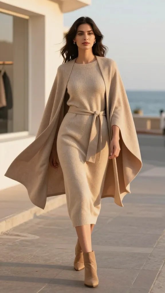 A full-length, sun-dappled coastal street or gallery exterior scene at golden hour, featuring a stylish woman modeling a lightweight knit dress in warm beige, belted at the waist with a neutral-toned cape draped over the shoulders and left open to sway in a seaside breeze. She wears tan ankle boots and simple stud earrings, standing with one hand lightly gripping the belt to accentuate her silhouette while the cape flows behind for movement. The setting includes soft, pastel seaside tones, airy textures, and a calm, elegant vibe&mdash;perfect for a gallery opening or casual waterfront event. The image should be high-resolution with natural lighting, shallow depth of field to subtly blur the background, and no visible text on the photograph; the subject remains the clear focal point with a poised, effortless chic demeanor.