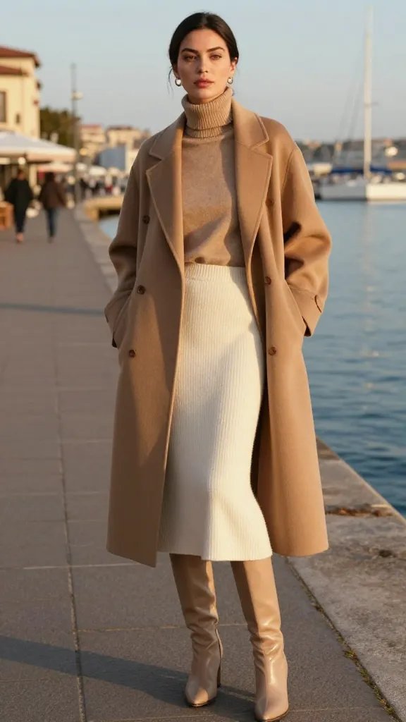 Create a high-resolution, editorial-style photograph of a stylish, modern woman posing along a sunlit harbor-side promenade during golden hour. She wears a sophisticated camel wool coat as the hero piece, elegantly draped over a cream knit midi skirt. Underneath, keep the look minimal with a soft-tan turtleneck peeking from the coat, and beige knee-high leather boots completing the ensemble. The coat should be oversized but refined, with clean lines and a single-breasted silhouette, allowing the cream skirt to complement rather than compete. The styling emphasizes effortless coastal chic: a sleek low ponytail, subtle makeup with natural tones, and minimal jewelry. The background features a calm harbor, a gallery-lined street, and distant boats to convey a city weekend or harbor cafe vibe. Lighting is warm and soft, casting gentle shadows and highlighting the textures of wool, knit, and leather. The subject stands slightly angled to the camera, one hand in a coat pocket and the other lightly adjusting the lapel, exuding timeless, understated confidence. No text on the image.