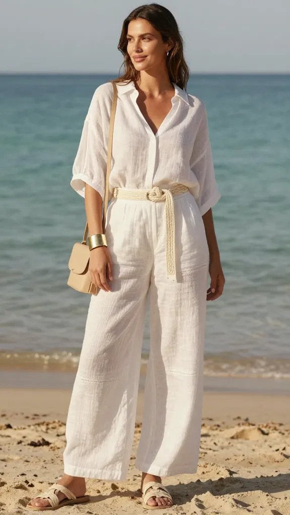 A soft, sunlit coastal scene featuring a female model in an all-white ensemble, standing on a light sandy beach with calm turquoise water in the background. She wears a white linen blouse with relaxed sleeves tucked loosely into white linen wide-leg pants, cinched at the waist with a cream woven belt. Her footwear: cream woven leather sandals. Accessories include a gold cuff bracelet and a light tan crossbody bag resting at hip level. The textures are the focal point: visible linen grain on the blouse and pants, subtle ribbing or crochet details on a sheer cardigan or layer, all in the same neutral palette. The makeup is fresh and natural with dewy skin and soft nude lips. The lighting is warm and golden-hour, casting gentle shadows to emphasize texture and tailoring. The overall mood is effortless coastal chic, suitable for daytime party, beachfront brunch, or a Sunday market stroll. No text, no logos. The main subject is centered with a relaxed pose, slight smile, and gaze toward the horizon. Realistic high-resolution photography, shallow depth of field to softly blur the background while keeping the outfit crisp.