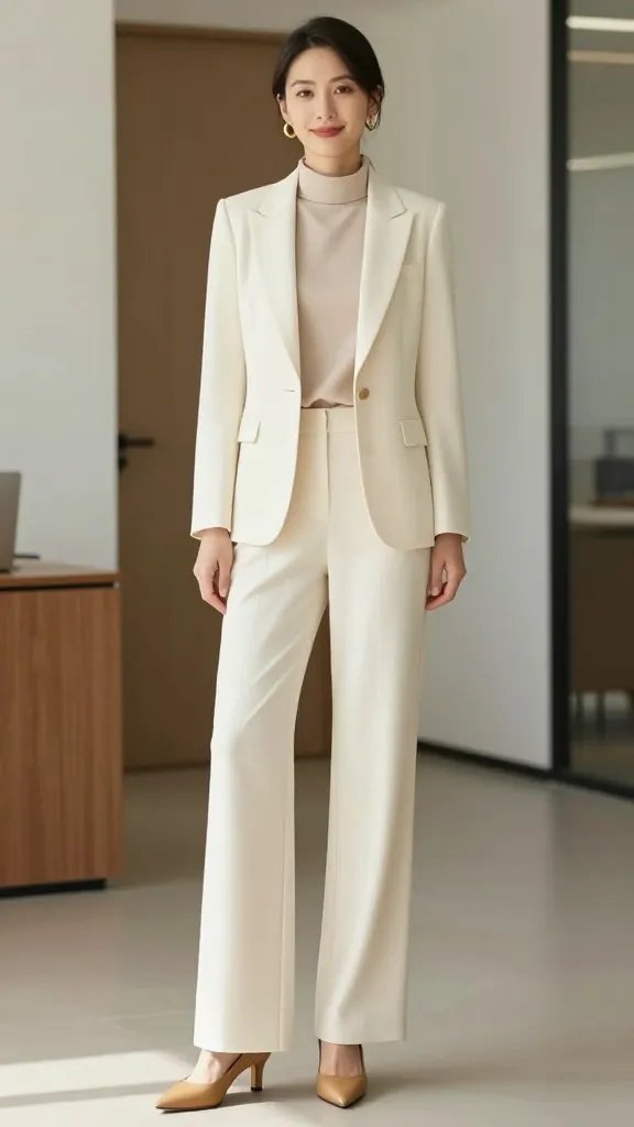 A high-resolution, editorial-style photograph of a confident professional woman standing in a modern, softly lit office environment. She is wearing a tonal cream-on-cream ensemble: a tailored ivory blazer over a beige high-neck blouse tucked neatly into cream wide-leg trousers, with camel pointed-toe pumps. Minimal gold hoop earrings accompany the look, and the styling emphasizes a clean, streamlined silhouette with no visible jewelry noise. The lighting is natural yet polished, highlighting the smooth fabric textures and the precision of the tailoring. The pose is poised and authoritative&mdash;shoulders back, slight forward lean as if ready for action&mdash;with a subtle, relaxed smile. Background is understated and sophisticated, featuring neutral tones and clean lines to keep the focus on the monochrome outfit. No text or logos anywhere in the frame.