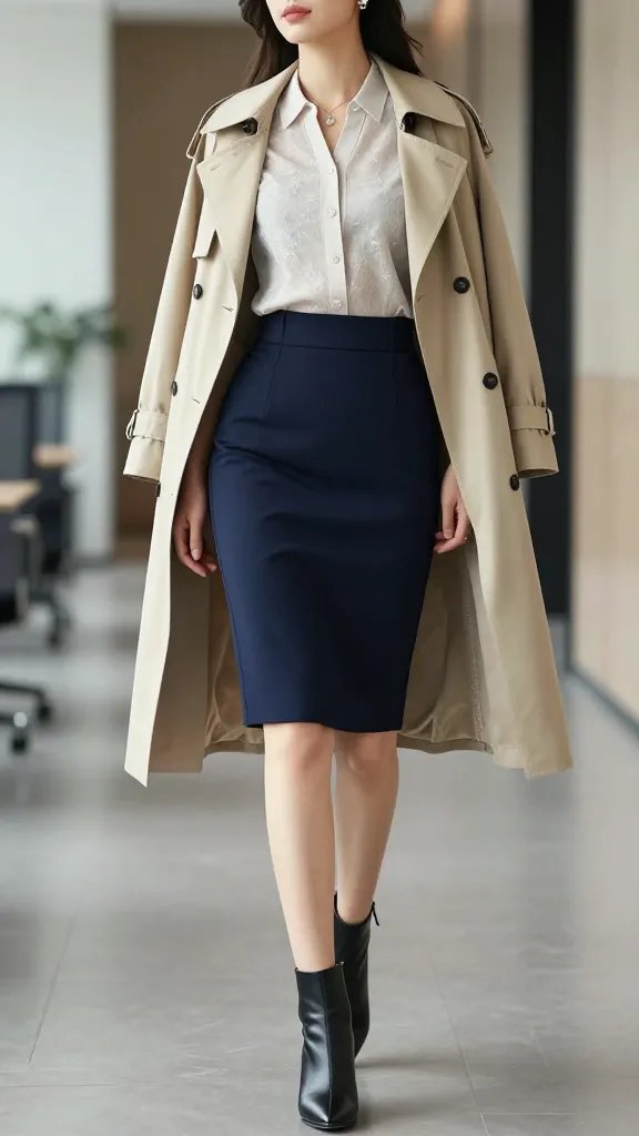 A high-resolution, editorial-style image of a confident woman modeling a tailored office look titled "Navy Precision." She stands in a sleek, modern office corridor with soft natural light and a subtle bokeh background. She wears a navy high-waisted pencil skirt that hits just below the knee, paired with a light neutral blouse featuring a delicate, soft-textured weave (slightly sheer yet refined). The blouse is neatly tucked into the skirt, and a slim, understated belt cinches the waist to enhance the tailored silhouette. Over the blouse, she wears a beige trench coat draped open or a matching beige blazer, depending on styling, to add a layer of polish. On her feet are black leather ankle boots with a clean, minimal silhouette. Accessories include a delicate pendant necklace that sits gracefully at the collarbone and small stud earrings. The overall color palette is navy, beige, and black with soft textures to balance the sharp lines of the pencil skirt. The subject&rsquo;s pose is poised and slightly swaggering&mdash;shoulders back, one hip subtly cocked, hands relaxed at sides or lightly resting near the belt, conveying authority without rigidity. The image should feel modern, professional, and aspirational, suitable for a fashion-forward office feature. No text on the image.