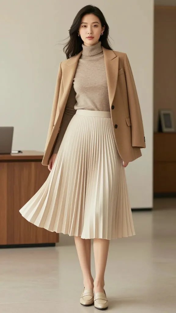 Create a high-quality, realistic fashion editorial image featuring a professional woman as the main subject, embodying the section title &ldquo;Soft Pleats, Strong Presence: Taupe Midi Wonder.&rdquo; The scene is a polished office setting with soft, natural lighting. The subject stands with confident posture, wearing a beige/cream pleated midi skirt that moves gracefully with a subtle breeze. Pair it with a taupe knit turtleneck tucked into the skirt, a camel blazer draped neatly over the shoulders or worn open to keep the silhouette streamlined, and neutral pointed loafers. Accessories are minimal: small stud earrings and no visible bracelets, allowing the skirt&rsquo;s movement to be the focal point. The look should achieve a balanced line: the fitted top creates structure against the voluminous pleats. The background should be a modern, understated office environment&mdash;soft tan and cream tones, clean lines, a hint of natural texture like wood or linen, and a shallow depth of field to keep the subject crisply in focus. The composition should be a full-to-mid-length shot with the subject centered or slightly off-center, exuding poise and professionalism, suitable for a conservative office or conference setting. No text on the image.
