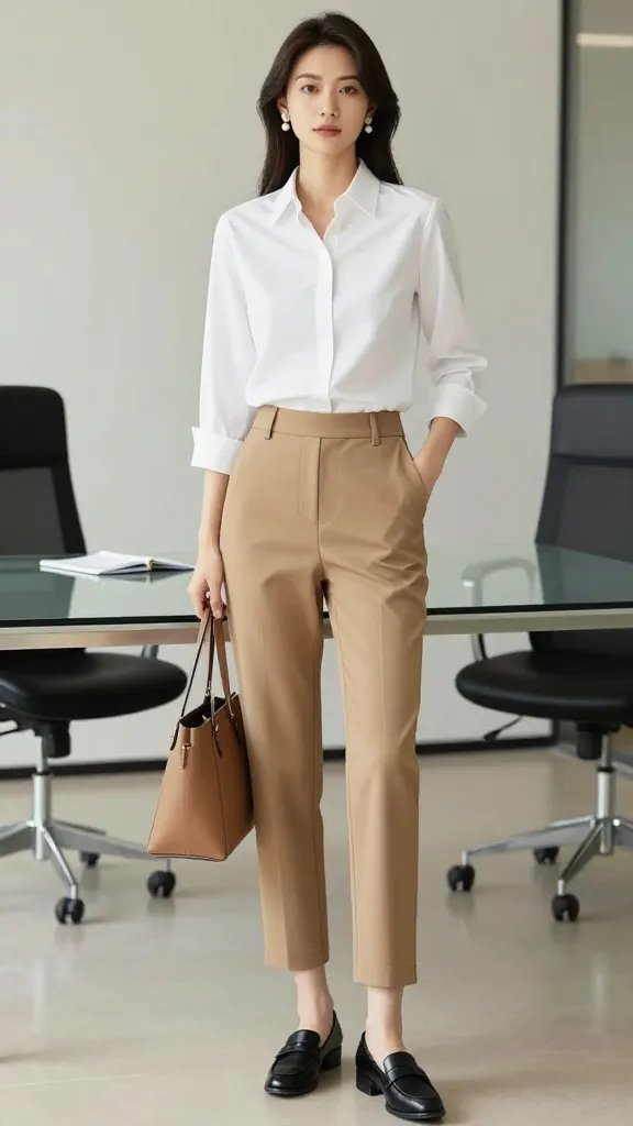 A high-resolution fashion editorial portrait of a professional woman standing in a bright, modern office environment with clean lines and natural light. She wears a pristine white structured button-down shirt tucked into camel-beige ankle-length tailored trousers. Her look is completed with black loafers or oxfords and a touch of elegance from beaded or pearl earrings. The shirt is impeccably pressed, sleeves rolled slightly for a contemporary twist. The pose conveys confidence and approachability, with one hand gently adjusting the cuff and a calm, composed facial expression. Subtle props such as a minimalist leather tote, a glass conference table with a notebook, and soft bokeh in the background emphasize a polished, corporate setting. The overall color palette is warm neutrals&mdash;crisp whites, camel beiges, and rich blacks&mdash;to project brightness, professionalism, and reliability.