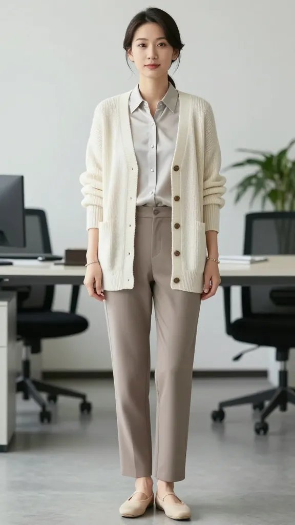 A high-resolution studio photo of a confident professional woman standing in a softly lit, minimalist office setting. She wears a cream fine-knit cardigan layered over a pale-slate silk blouse, with the cardigan buttoned halfway to create a flattering vertical line. Taupe cold-shoulder trousers or straight-leg trousers complete the look, paired with neutral ballet flats. A delicate bracelet stack on one wrist adds subtle shine, and the blouse peeks at the collar and cuffs for subtle texture. The cardigan is slightly oversized for a cozy yet polished silhouette. The subject gazes lightly toward the camera with a calm, poised expression, hands relaxed at her sides or one hand lightly touching the cardigan. The background is clean with soft, diffuse lighting and muted office elements (desk, chair, plants) out of focus to emphasize the refined, cozy sophistication of the outfit. No text or graphics on the image.