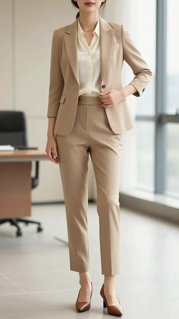 A high-resolution, editorial fashion photograph of a confident female professional modeling a modern sand-toned suit. The model stands in a clean, minimalist office setting with soft natural light streaming through large windows. She wears a beige tailored blazer with crisp structure, sand-toned tapered trousers, a cream silk blouse neatly tucked in, and brown leather pumps. A subtle gold chain necklace sits at the collarbone, and a slim belt cinches the waist to define silhouette. The blazer sleeves are rolled a quarter turn for a softer twist. Pose is poised and approachable: one hand rests lightly on the hip while the other adjusts the blazer lapel, creating clean lines and a flattering silhouette. The look is polished but approachable, suitable for formal meetings or promotions. The image should have a shallow depth of field to keep the subject sharp and the background softly blurred, with warm, natural color grading that enhances the sand tones and cream blouse. No text or logos on the image.