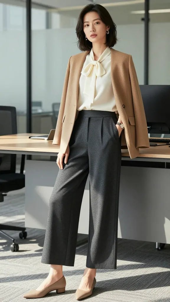 A high-resolution editorial portrait of a confident professional woman in a modern office setting. She wears wide-leg charcoal culottes paired with a soft cream blouse featuring a delicate bow at the neckline, tucked neatly into the waistband for a tailored silhouette. Layered over is a lightweight camel cardigan or blazer, tailored to emphasize the waist. She sports pointed-toe flats or low-heel mules in a neutral shade, and a classic, understated statement watch. The scene is lit with natural daylight from a large window, casting soft shadows that highlight movement in the pleats as she sits or stands with poise, perhaps one hand adjusting her blazer. Background hints of a sleek, contemporary office&mdash;glass, clean lines, and a neutral color palette&mdash;accentuate a polished, client-meeting-ready ambiance. The overall mood is confident, sophisticated, and effortlessly chic, with attention to the balance between volume (culottes) and a fitted top for a streamlined, professional look. No text or watermarks.