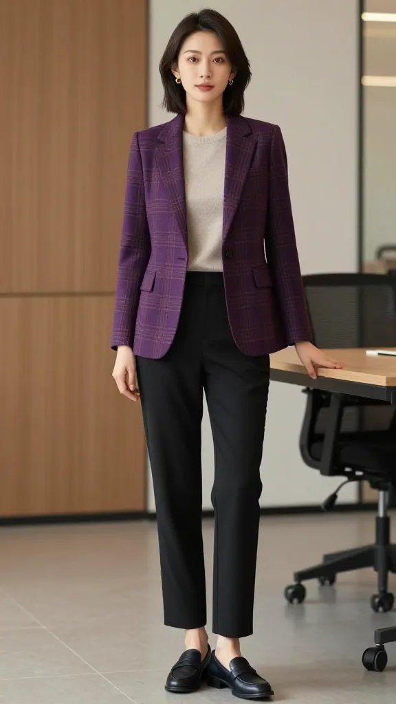 Create a high-resolution editorial-style photo of a professional woman in a stylish fall office look: a plum plaid blazer over a neutral knit top, paired with black straight-leg pants. The blazer should be the clear hero with its subtle checks; keep other elements solid and understated to let the pattern stand out. Accessories: small gold stud earrings and loafers in a coordinating shade of black or navy. Shoot in a modern office setting with warm, natural lighting; the stance should be confident yet approachable&mdash;perhaps a half-turn pose with one hand lightly resting on the blazer lapel. Ensure the color palette remains cohesive&mdash;plum or navy blazer as the focal point, neutral top and solid pants, and monochrome shoes to tone down the pattern if needed. No visible text in the image.