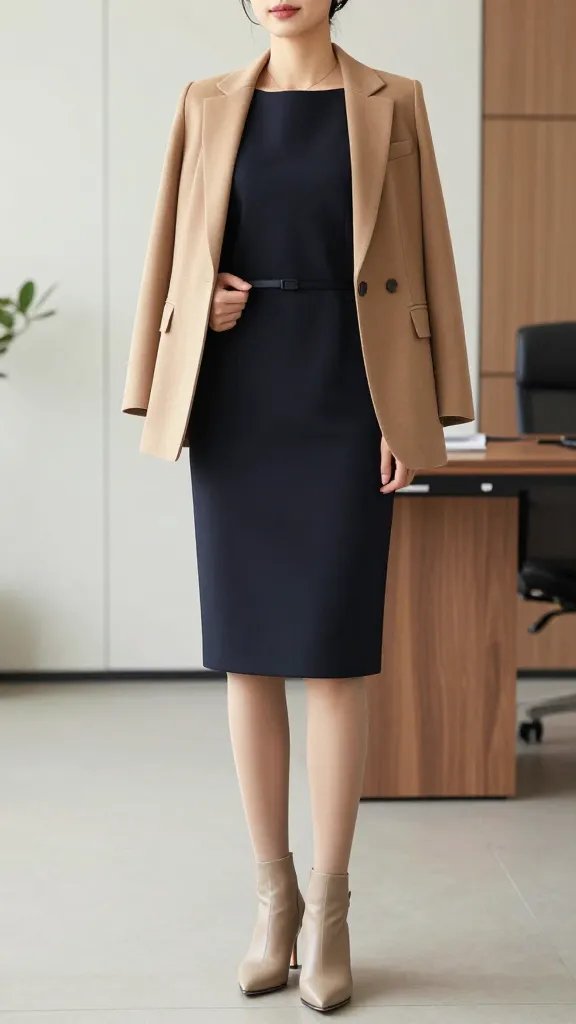 A realistic, high-quality editorial style photo of a poised professional woman standing in a bright, modern office setting. She wears a minimalist midi dress in camel, navy, or black with a modest neckline and a clean, straight silhouette that falls below the knee. A tailored blazer in a coordinating neutral color is draped over her shoulders or worn closed for gravitas. The look is completed with neutral tights and sleek heeled ankle boots or polished pumps. A slim, understated belt cinches the waist to define shape, while the hemline remains the focal point. The pose is confident and graceful, perhaps with one hand lightly adjusting the blazer or resting at the waist, and the other relaxed by her side. Lighting is soft yet crisp, emphasizing clean lines, refined fabrics, and a sophisticated, minimal aesthetic. The background features a chic office environment with neutral tones, subtle architectural details, and a touch of modern furniture to convey a polished professional vibe. No text on the image.
