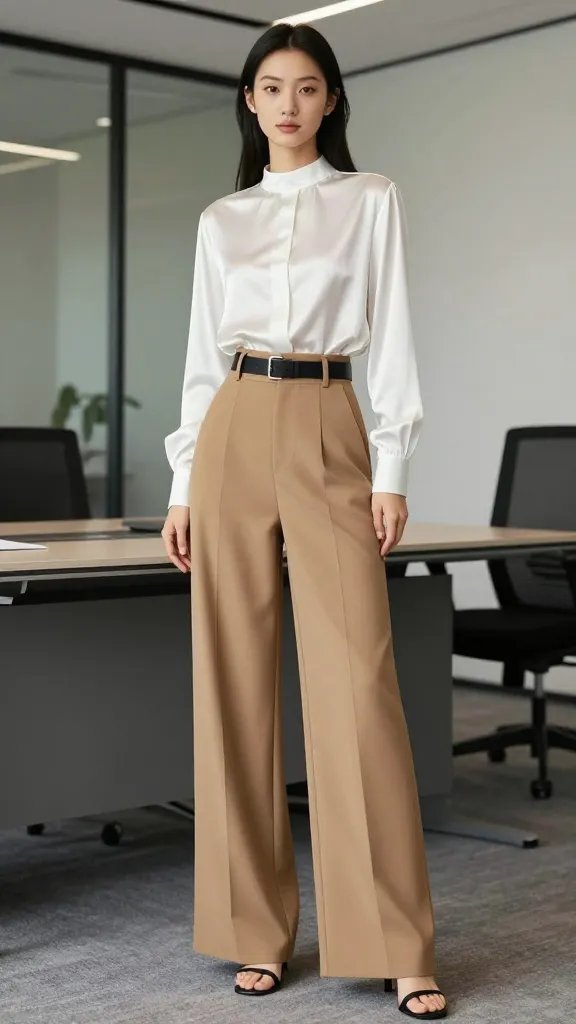 A high-resolution fashion editorial portrait in a modern office setting. The main subject stands with a statuesque, elongated silhouette wearing tan camel wide-leg trousers paired with a white satin blouse tucked neatly at a high waist, cinched with a black slim belt. The top has structured lines for balance, and the look is completed with black or tan heeled sandals and minimal jewelry. The camera captures a full-body shot with soft, natural lighting that highlights the fluid drape of the trousers and the sheen of the satin blouse. The background features a sleek, contemporary office environment&mdash;neutral tones, clean lines, and subtle texture (e.g., a modern desk, glass partition, and a hint of greenery). The subject projects confidence and poise, with a subtle, composed expression, ensuring no text appears in the image.