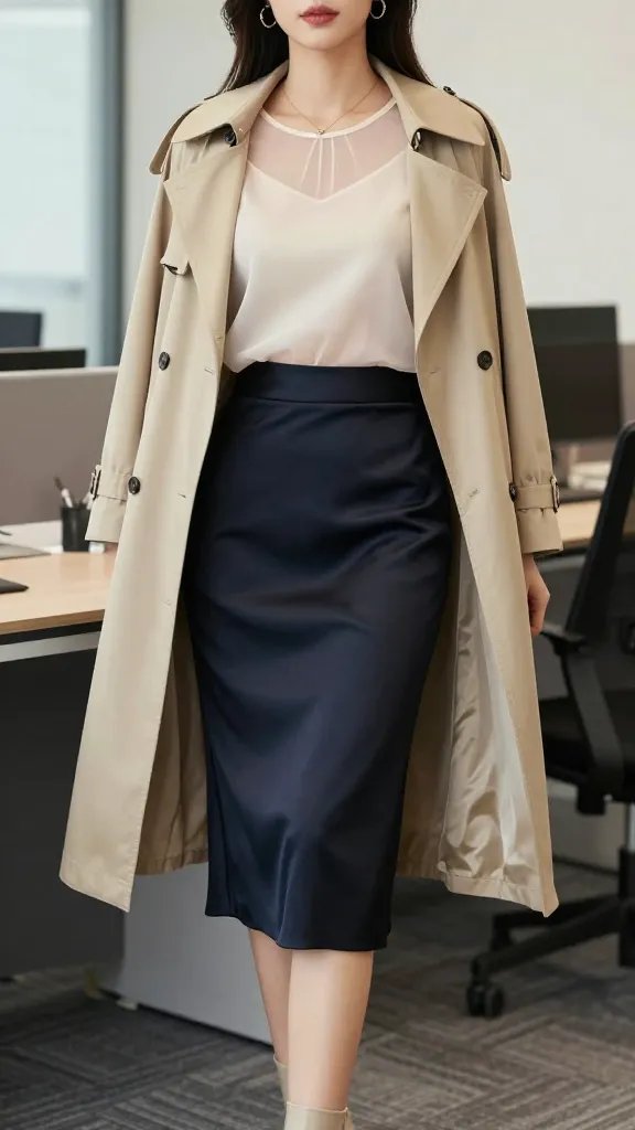 Generate a high-resolution, photorealistic image of a stylish, professional woman in a chic office setting, styled for the "Subtle Sheer, Silky Details: Lightweight Layers" concept. The model stands in a modern, well-lit workspace with neutral tones and clean lines. She wears a beige or cream blouse with sheer long sleeves and a modest, opaque camisole underneath. Pair this with a black or navy satin skirt that falls at or just below the knee, and complete the look with a beige trench coat or a structured beige cardigan. She finishes with neutral heeled boots and minimal, elegant jewelry. The overall silhouette should remain the focus, with the sheer accents subtle and tasteful, conveying sophistication and modesty suitable for formal meetings. Soft, natural lighting highlights the textures of the satin, silk, and chiffon, while the background remains slightly blurred to emphasize the subject. No text on the image.