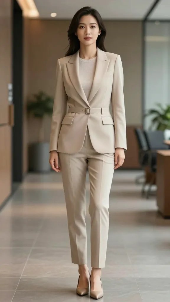 A confident professional woman stands in a modern, softly lit office corridor wearing a beige belted blazer cinched at the waist over a soft knit top and slim matching trousers. The blazer is tailored and slightly long, with a slim belt cinching at the waist to create an hourglass silhouette. She pairs low-heel pumps in a complementary neutral tone. The look exudes understated luxury and authority, suitable for leadership roles. Her posture is upright and poised, shoulders back, chin gently lifted, conveying readiness and control. Subtle jewelry, minimal makeup with a natural palette, and a clean, polished hairstyle complete the ensemble. The background features muted earth-toned decor and soft bokeh from office lighting, emphasizing the subject as the focal point. High-resolution, realistic fashion photography with sharp textures on the blazer fabric, crisp trouser lines, and natural skin tones. No text on the image.