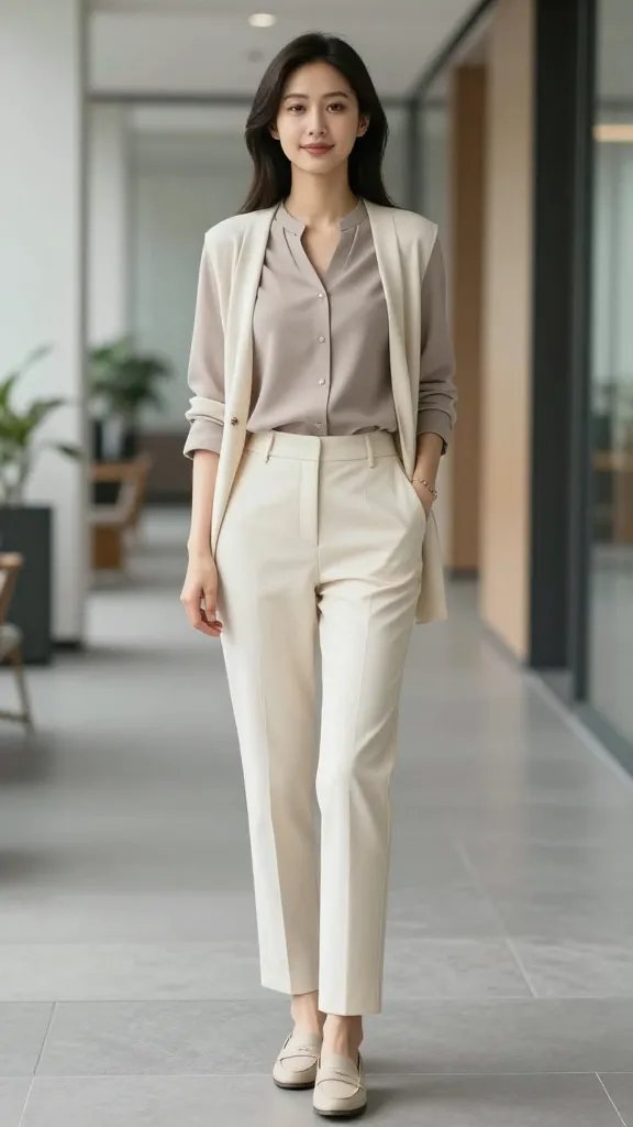 A high-resolution, editorial-style image of a poised professional woman standing in a modern office hallway with soft natural light. She wears a soft taupe blouse with sleeves casually rolled to mid-forearm, tucked neatly into cream pants that sit at the natural waist, paired with a cream cardigan or blazer draped over the shoulders or worn open. The outfit is complemented by black straight-leg pants, neutral loafers, and a delicate bracelet visible on her wrist. The overall look is casual-chic yet polished, exuding approachability and confidence. Pose with a relaxed stance, perhaps one hand lightly adjusting the sleeve and the other at the side, with a subtle, composed smile. Ensure a clean, uncluttered background that emphasizes a professional work environment, and maintain a natural color palette (taupe, cream, black) with soft, flattering lighting; no text on the image. The main subject should reflect the article&rsquo;s theme of &ldquo;Rolled-Sleeve Refinement: Casual-Chic Office Combo.&rdquo;